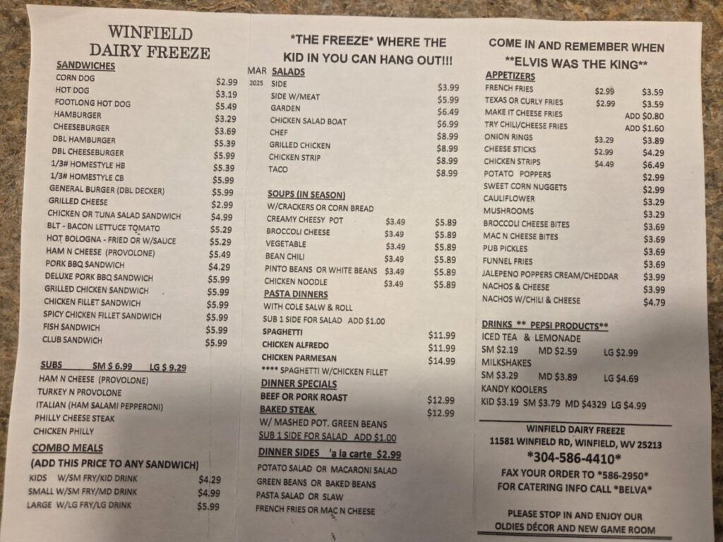 Winfield Dairy Freeze Menu 1